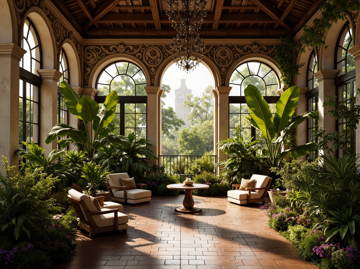 Prompt: Ornate greenhouse, lush tropical plants, delicate vines, intricate stone carvings, grandiose archways, ornamental fountains, soft natural lighting, warm golden tones, rustic wooden beams, elegant chandeliers, lavish furnishings, velvet drapes, rich textiles, Baroque-inspired patterns, curved lines, dramatic shadows, high contrast ratio, 1/2 composition, shallow depth of field, realistic reflections.