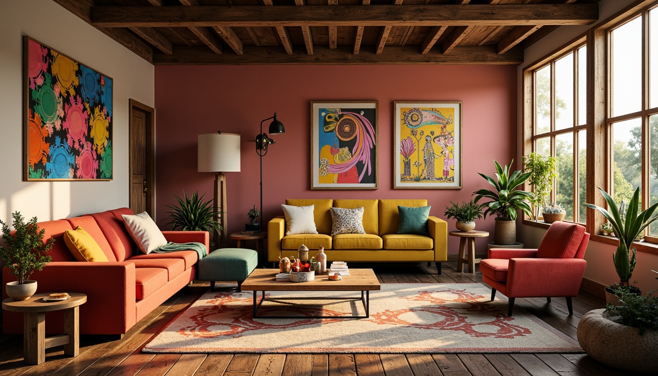 Prompt: Vibrant artistic studio, eclectic furniture, bold color blocking, contrasting textures, abstract artwork, statement lighting fixtures, industrial metal accents, reclaimed wood floors, bohemian-inspired rugs, natural fiber textiles, earthy tone ceramics, warm golden lighting, shallow depth of field, 1/1 composition, realistic renderings, ambient occlusion.