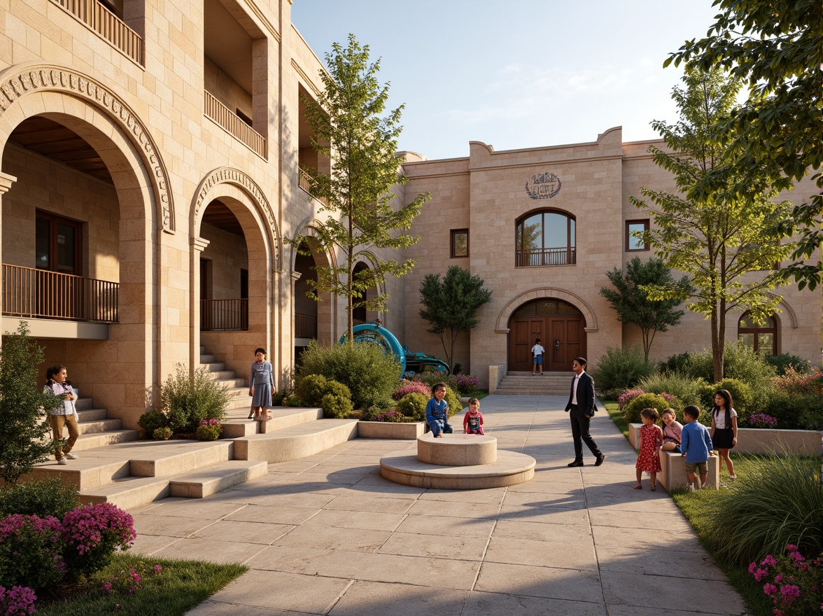 Prompt: Rustic elementary school building, Romanesque arches, warm beige stone walls, ornate carvings, grand entrance, heavy wooden doors, vibrant greenery, blooming flowers, playful playground equipment, colorful murals, educational signage, natural stone walkways, curved staircases, high ceilings, large windows, soft warm lighting, shallow depth of field, 3/4 composition, panoramic view, realistic textures, ambient occlusion.