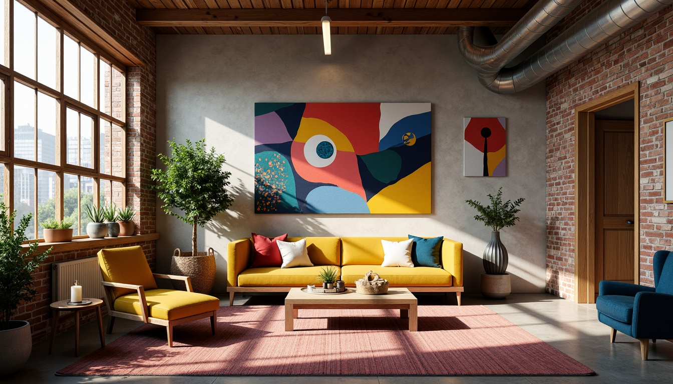 Prompt: Vibrant artistic studio, eclectic furniture, abstract artwork, bold color blocking, contrasting textures, modern industrial architecture, exposed brick walls, polished concrete floors, reclaimed wood accents, natural light pouring in, soft warm glow, 1/1 composition, shallow depth of field, realistic renderings, ambient occlusion.