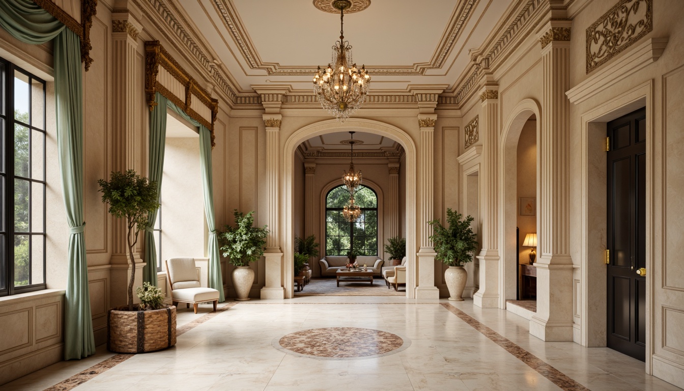 Prompt: Warm beige stone fa\u00e7ade, rich walnut wood accents, soft cream-colored columns, ornate golden details, subtle terracotta roof tiles, muted sage green shutters, elegant ivory marble floors, classic black ironwork, refined bronze door handles, sophisticated neutral-toned walls, dramatic high ceilings, grand crystal chandeliers, warm ambient lighting, shallow depth of field, 2/3 composition, symmetrical framing, realistic textures, subtle atmospheric effects.