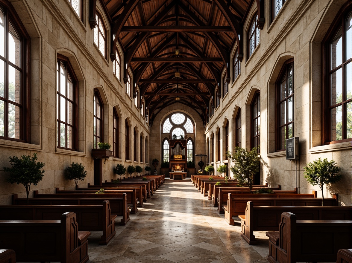 Prompt: Ancient stone walls, ornate wooden pews, stained glass windows, intricate marble floors, rustic brick arches, vaulted ceilings, grandiose pipe organs, luxurious velvet drapes, weathered copper roofs, distressed wood accents, smooth limestone columns, ornamental metalwork, mystical ambiance, warm soft lighting, high contrast ratio, dramatic shadows, 1/2 composition, symmetrical framing, realistic reflections, subtle ambient occlusion.