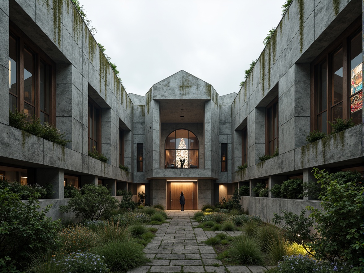 Prompt: Rugged brutalist church, raw concrete walls, angular lines, fortress-like structure, natural stone fa\u00e7ade, overgrown vegetation, wildflowers, moss-covered roofs, weathered wooden doors, stained glass windows, dramatic lighting, high ceilings, minimalist interior, sacred atmosphere, serene ambiance, misty morning, soft diffused light, 1/1 composition, symmetrical framing, realistic textures, ambient occlusion.