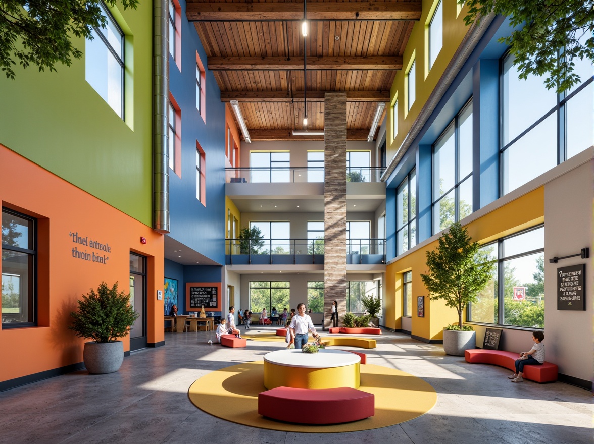 Prompt: Vibrant middle school building, bold color palette, modernist architecture, geometric shapes, clean lines, minimal ornamentation, functional design, open floor plans, natural light, clerestory windows, exposed ductwork, industrial materials, polished concrete floors, bright accent walls, dynamic staircases, collaborative learning spaces, flexible seating arrangements, technology-integrated classrooms, inspirational quotes, motivational murals, urban cityscape views, sunny afternoon, soft warm lighting, shallow depth of field, 3/4 composition, realistic textures, ambient occlusion.