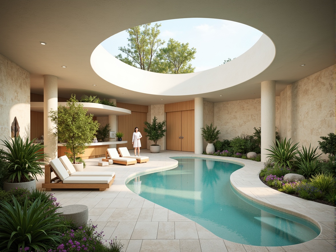 Prompt: Soothing healthcare facility, calming atmosphere, gentle curves, natural materials, earthy tones, muted greens, blues and whites, warm beige accents, soft pastel hues, comforting lighting, subtle texture overlays, organic shapes, serene botanical elements, peaceful water features, minimalist decor, airy open spaces, abundant natural light, shallow depth of field, 1/1 composition, realistic renderings, ambient occlusion.