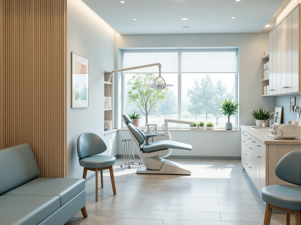 Prompt: Calming dental clinic atmosphere, soft pastel colors, gentle blue hues, creamy whites, warm beige tones, natural wood accents, subtle texture patterns, modern minimalist design, sleek metal equipment, sterile glass surfaces, calming ambient lighting, shallow depth of field, 1/1 composition, realistic renderings, ambient occlusion.