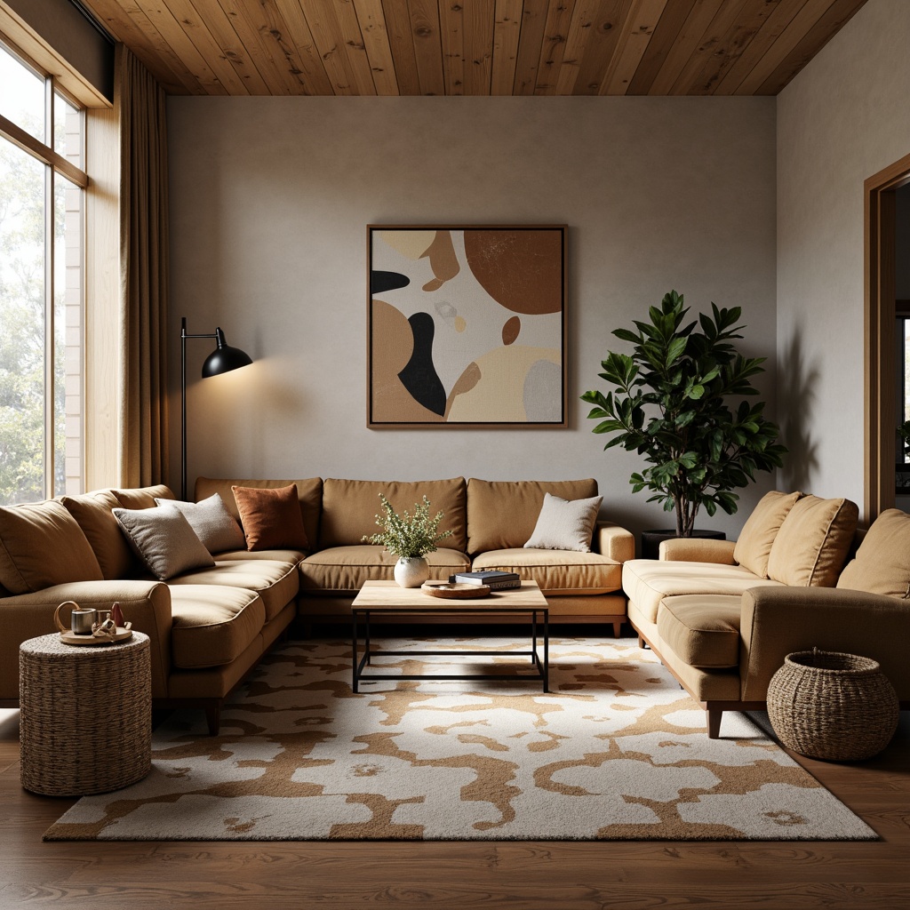 Prompt: Mid-century modern living room, plush velvet sofas, geometric patterned rugs, minimalist coffee tables, industrial metal lamps, abstract artwork, natural fiber textiles, woven baskets, organic shapes, earthy color palette, warm ambient lighting, shallow depth of field, 1/1 composition, soft focus, realistic fabrics, subtle texture details.