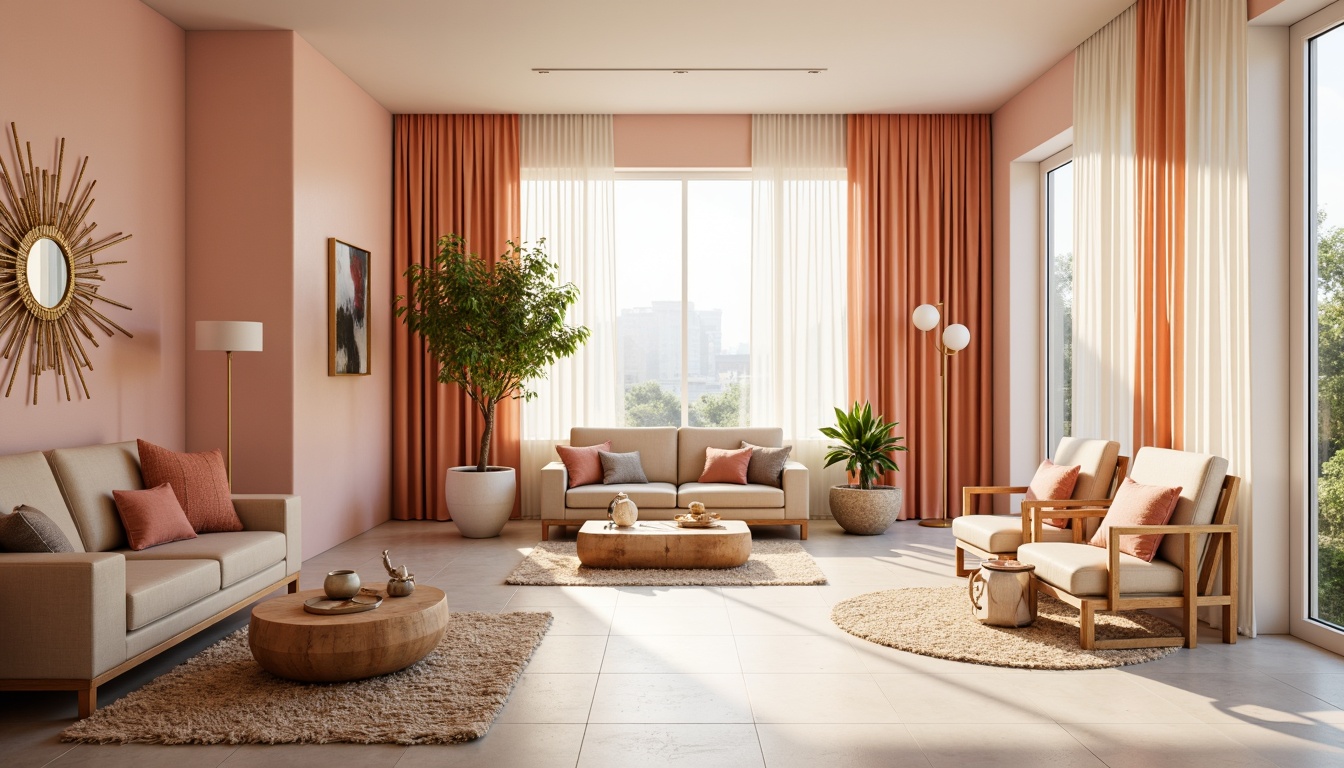 Prompt: Vibrant modern interior, pastel color scheme, soft peach tones, creamy whites, rich wood accents, metallic gold fixtures, natural textiles, plush area rugs, floor-to-ceiling windows, abundant sunlight, warm cozy ambiance, 1/1 composition, shallow depth of field, realistic renderings, ambient occlusion.