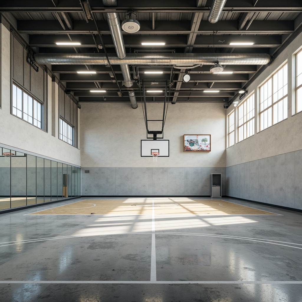 Prompt: Clean lines, minimal ornamentation, functional simplicity, rectangular forms, flat roofs, large windows, natural light, industrial materials, exposed ductwork, polished concrete floors, neutral color palette, subtle textures, athletic equipment, basketball hoops, sports flooring, mirrored walls, modern LED lighting, shallow depth of field, 1/1 composition, realistic reflections, ambient occlusion.