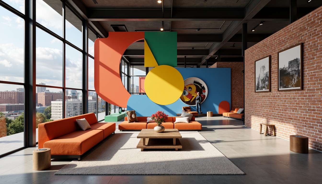 Prompt: Vibrant primary colors, bold geometric shapes, industrial materials, exposed brick walls, steel beams, minimalist decor, functional simplicity, rectangular forms, clean lines, monochromatic color schemes, abstract art pieces, avant-garde sculptures, natural light pouring in, large windows, open floor plans, urban cityscape views, cloudy skies, soft diffused lighting, shallow depth of field, 2/3 composition, realistic textures, ambient occlusion.