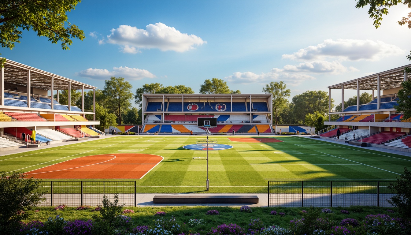 Prompt: Vibrant sports fields, eclectic mix of patterns, bold color blocking, dynamic shapes, irregular lines, abstract textures, modernist architecture, sleek metal bleachers, minimalist scoreboard, avant-garde lighting fixtures, dramatic shadows, warm sunny day, soft natural grass, artificial turf, athletic tracks, soccer goals, basketball hoops, tennis courts, volleyball nets, spectator seating areas, shaded canopies, ornate fencing, eclectic sculptures, abstract murals, 3/4 composition, shallow depth of field, panoramic view, realistic textures, ambient occlusion.