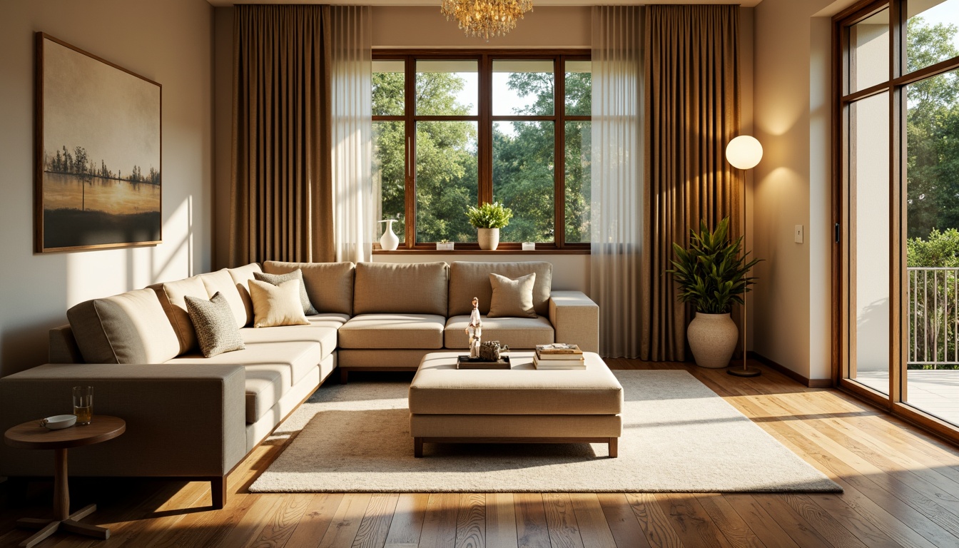 Prompt: Cozy living room, plush sofas, warm beige walls, rich wood flooring, soft golden lighting, comfortable throw pillows, modern minimalist decor, large windows, natural daylight, lush greenery views, elegant chandeliers, sophisticated color palette, calming atmosphere, shallow depth of field, 1/1 composition, realistic textures, ambient occlusion.