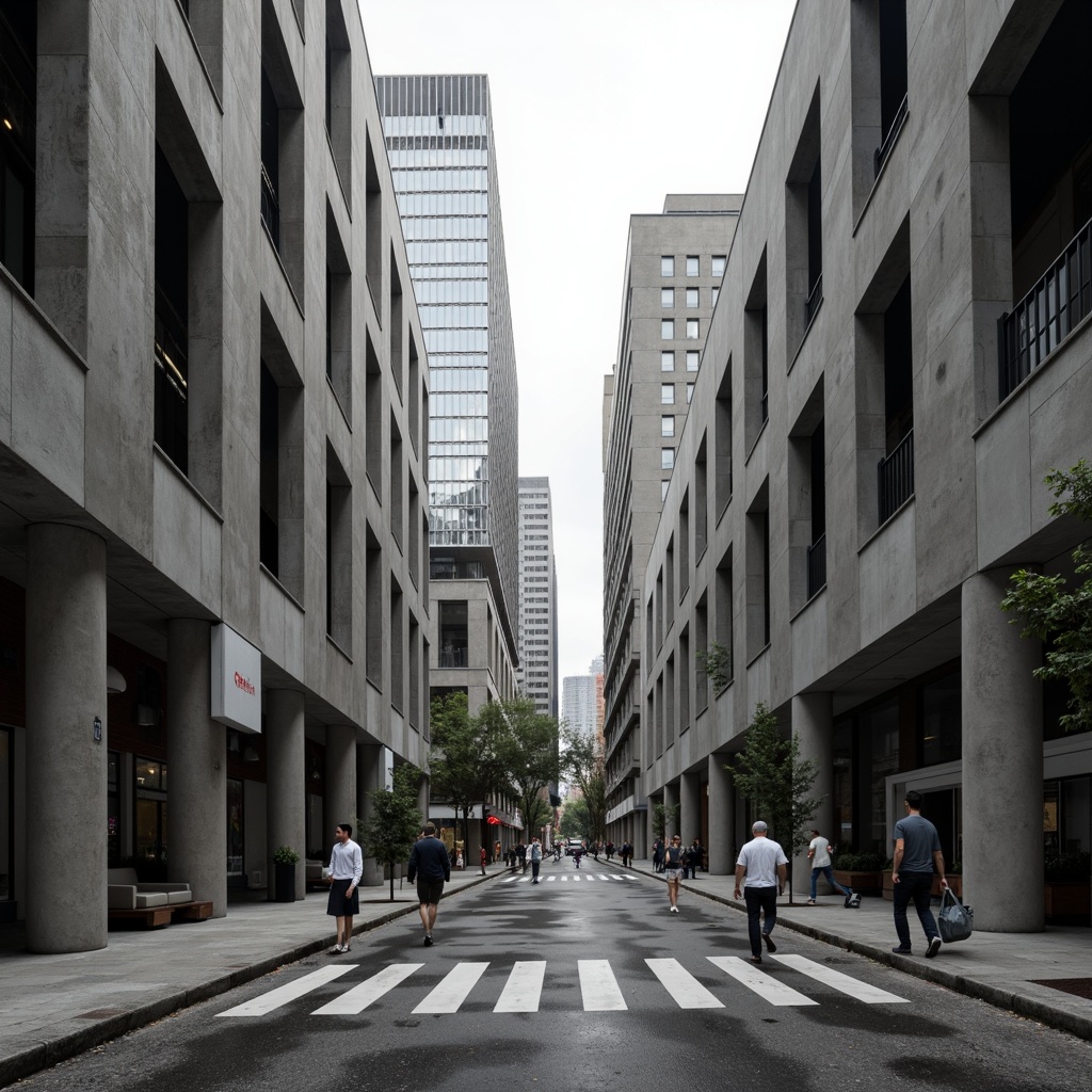 Prompt: Geometric buildings, brutalist architecture, raw concrete textures, industrial materials, minimalist decor, open floor plans, functional spaces, modular furniture, urban cityscape, busy streets, modern skyscrapers, abstract sculptures, monochromatic color scheme, high contrast lighting, dramatic shadows, 1/1 composition, symmetrical framing, stark atmospheric mood, realistic renderings.