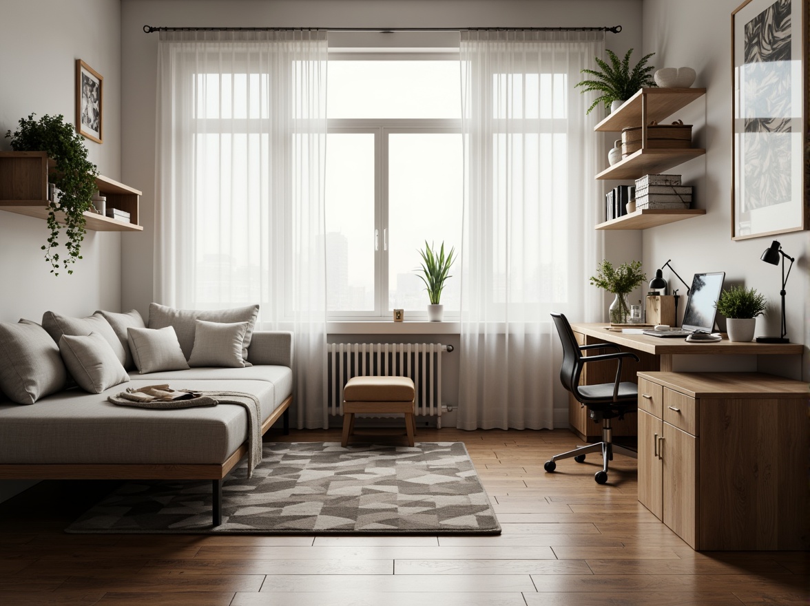 Prompt: Simple dorm room, minimal decor, monochromatic color scheme, sleek metal furniture, compact storage units, clutter-free space, natural light pouring in, sheer white curtains, wooden flooring, geometric-shaped rug, modern desk lamp, ergonomic chair, built-in shelves, industrial-chic accents, calm atmosphere, soft warm lighting, shallow depth of field, 1/1 composition, realistic textures, ambient occlusion.