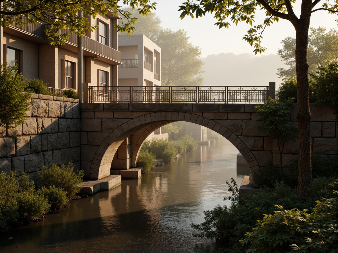 Prompt: Timeless bridge architecture, rustic stone walls, ornate metal railings, weathered wooden accents, earthy brown tones, muted greenery, soft misty atmosphere, warm golden lighting, subtle gradient effects, realistic textures, ambient occlusion, 1/1 composition, symmetrical framing, serene water reflections, gentle river flow, lush vegetation, natural stone piers, classic ornamental details, elegant arches, refined lines, sophisticated simplicity.