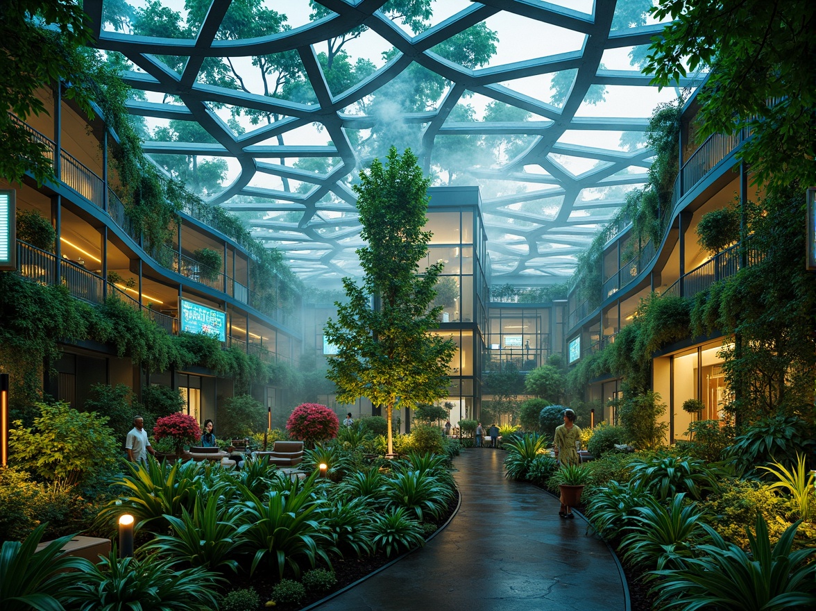 Prompt: Vibrant greenery, lush foliage, futuristic glass architecture, sleek metal frames, iridescent LED lighting, neon accents, holographic displays, misty atmosphere, soft natural light, warm ambient glow, shallow depth of field, 3/4 composition, panoramic view, realistic textures, ambient occlusion, hydroponic systems, vertical farming, sustainable energy solutions, solar panels, wind turbines, water conservation systems, eco-friendly materials, innovative cooling technologies, shaded outdoor spaces, misting systems, futuristic furniture design, minimalist decor, vibrant colorful accents, intricate geometric patterns.