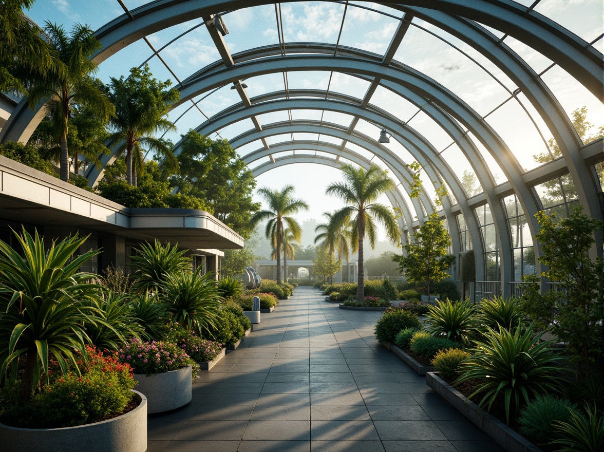 Prompt: Futuristic greenhouse, lush tropical plants, misty atmosphere, iridescent glass walls, curved metal framework, sustainable energy harvesting, solar panels, wind turbines, water recycling systems, green roofs, eco-friendly materials, innovative climate control, shaded outdoor spaces, misting systems, vibrant colorful accents, intricate geometric patterns, serene ambiance, soft warm lighting, shallow depth of field, 3/4 composition, panoramic view, realistic textures, ambient occlusion.