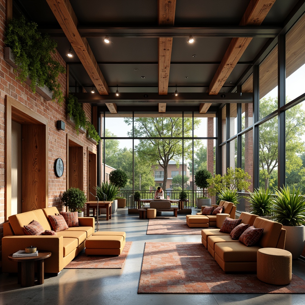 Prompt: Cozy student lounge, warm wooden accents, plush carpeting, comfortable sofas, rustic brick walls, industrial metal beams, natural stone columns, earthy color palette, abundant greenery, floor-to-ceiling windows, soft diffused lighting, shallow depth of field, 3/4 composition, panoramic view, realistic textures, ambient occlusion.