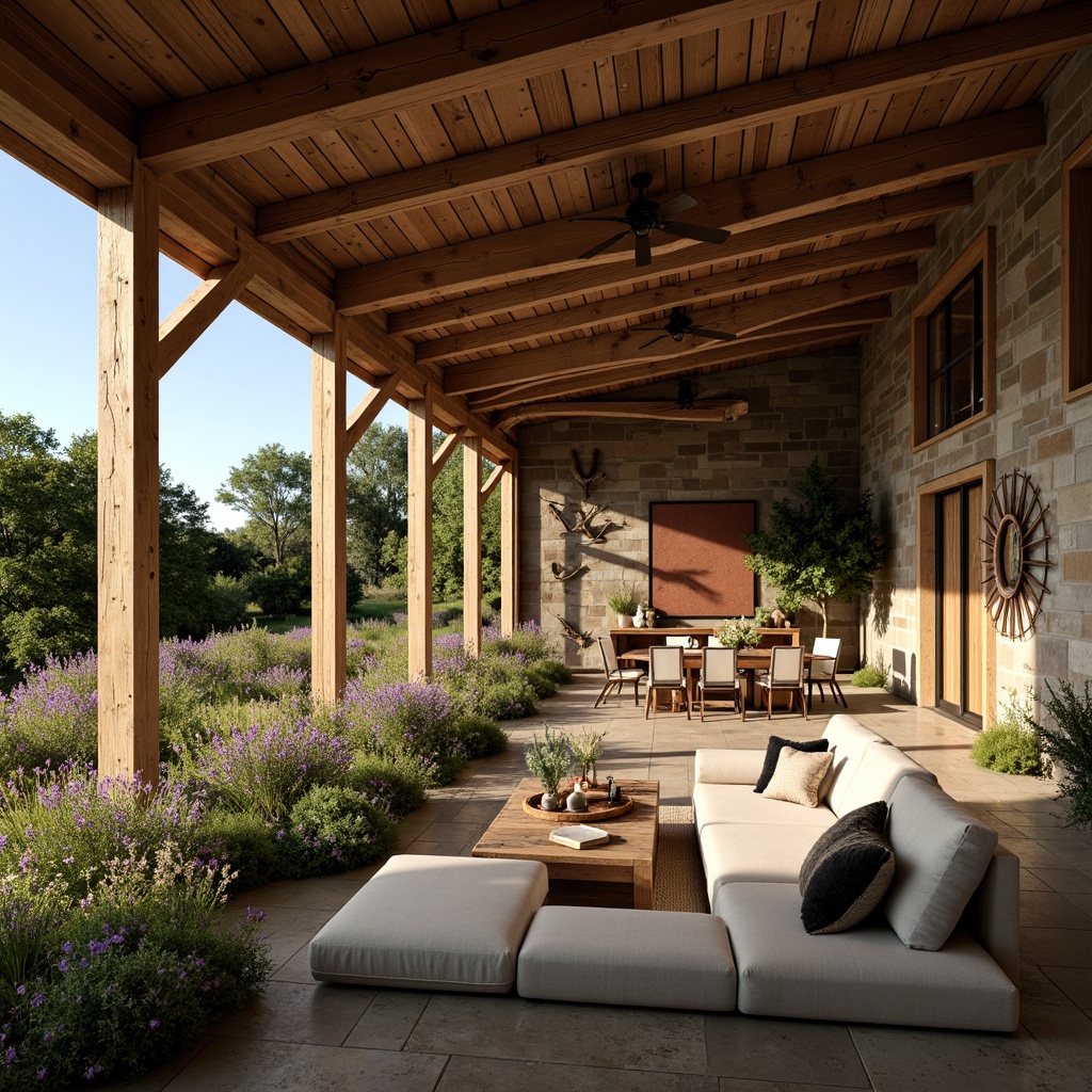 Prompt: Rustic barn, wooden beams, vintage farm tools, natural stone walls, earthy color palette, reclaimed wood accents, distressed metal decor, open concept living, high ceilings, large windows, sliding glass doors, lush greenery, wildflowers, sunny day, soft warm lighting, shallow depth of field, 3/4 composition, panoramic view, realistic textures, ambient occlusion.