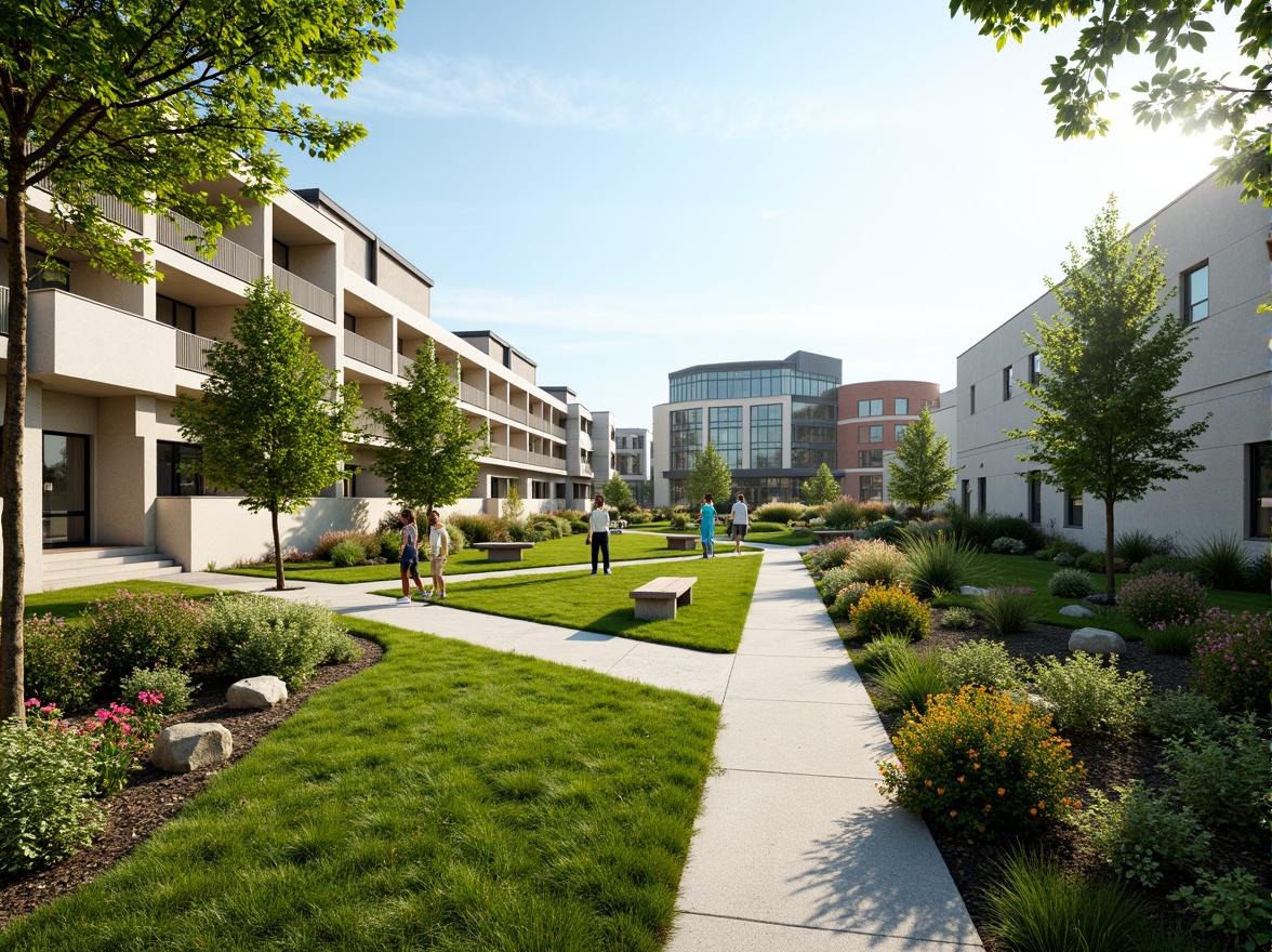 Prompt: Serene suburban landscape, lush green lawns, vibrant flowering shrubs, meandering walkways, modern laboratory buildings, sleek glass facades, minimalist landscaping, native plant species, natural stone accents, wooden benches, educational signage, sunny day, soft warm lighting, shallow depth of field, 3/4 composition, panoramic view, realistic textures, ambient occlusion.