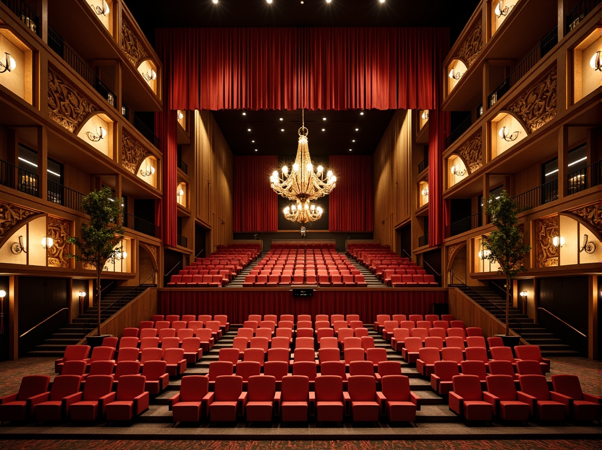 Prompt: Luxurious auditorium interior, rich velvet curtains, warm golden lighting, dark wood accents, plush red seats, ornate metal details, grand chandeliers, sophisticated sound systems, acoustic panels, dramatic spotlights, soft carpeting, elegant staircases, refined architectural lines, subtle texture contrasts, atmospheric ambiance, 1/2 composition, cinematic lighting, realistic reflections.