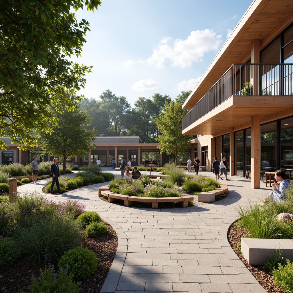 Prompt: \Visitor center courtyard, natural stone paving, lush greenery, native plant species, meandering walkways, educational signage, interactive exhibits, outdoor seating areas, wooden benches, rustic metal railings, modern architecture, large windows, glass doors, cantilevered roofs, sunny day, soft warm lighting, shallow depth of field, 3/4 composition, panoramic view, realistic textures, ambient occlusion.\