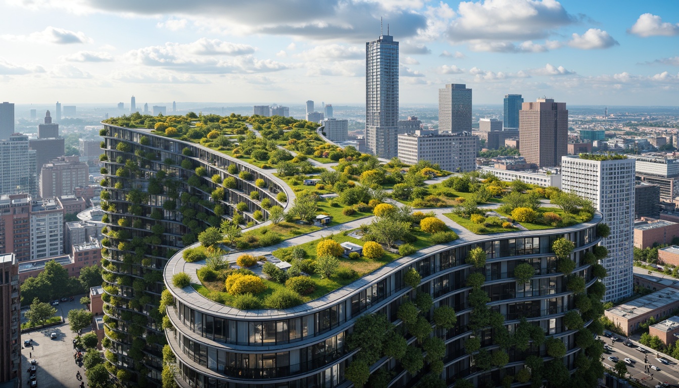 Prompt: Curved green roofs, lush vertical gardens, solar panels, wind turbines, rainwater harvesting systems, recycled metal cladding, low-carbon concrete structures, energy-efficient glazing, double-skin facades, natural ventilation systems, biomimetic patterns, parametric design, futuristic aesthetic, urban skyscraper, bustling cityscape, cloudy blue sky, warm soft lighting, shallow depth of field, 1/1 composition, realistic textures, ambient occlusion.