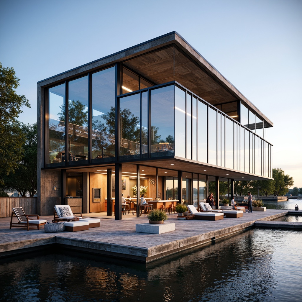 Prompt: Waterfront boathouse, rustic wooden docks, serene lake views, modern glazing systems, floor-to-ceiling windows, sliding glass doors, reflective water-inspired fa\u00e7ades, angular metal frames, minimalist design, sustainable energy solutions, solar panels, green roofs, eco-friendly materials, innovative cooling technologies, shaded outdoor spaces, misting systems, nautical-themed decorations, vibrant colorful textiles, intricate geometric motifs, warm soft lighting, shallow depth of field, 3/4 composition, panoramic view, realistic textures, ambient occlusion.