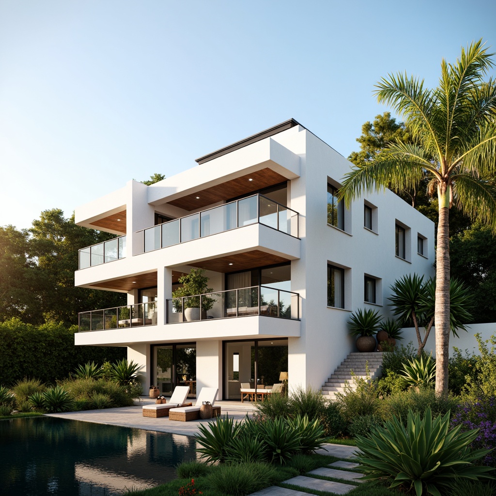 Prompt: Luxurious villa, modernist facade, clean lines, minimal ornamentation, large windows, sliding glass doors, white stucco walls, flat roofs, cantilevered balconies, steel railings, lush greenery, tropical plants, palm trees, sunny day, soft warm lighting, shallow depth of field, 3/4 composition, panoramic view, realistic textures, ambient occlusion.