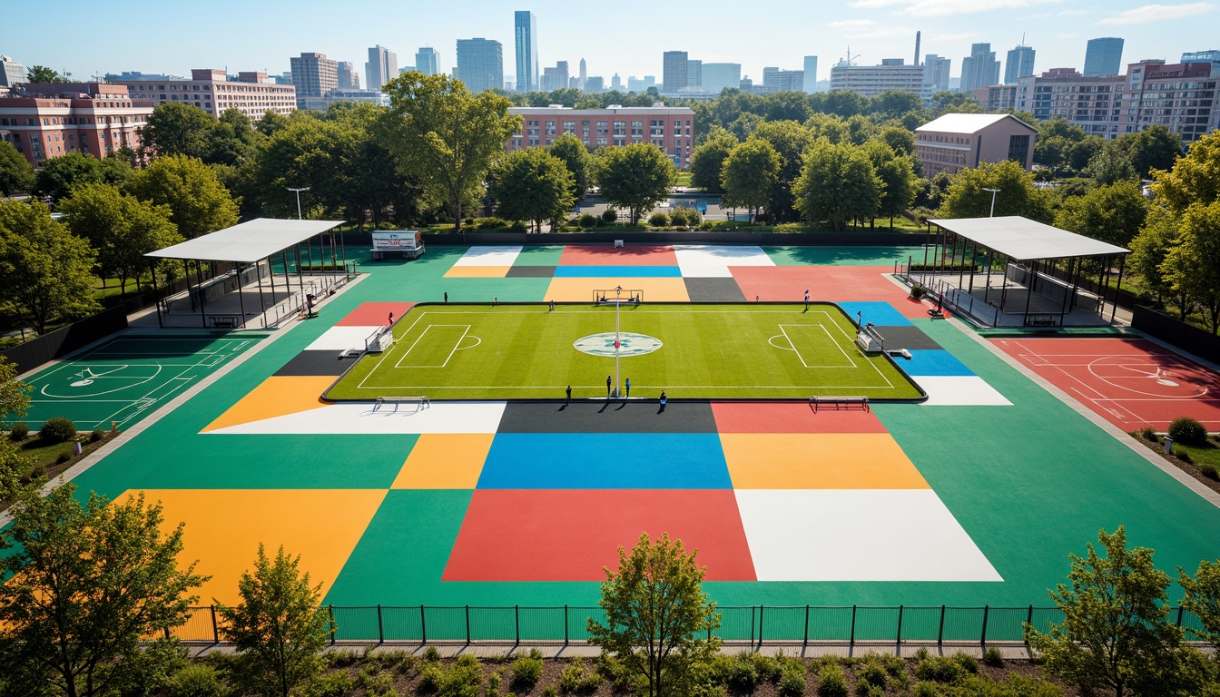 Prompt: Vibrant sports fields, eclectic mix of materials, bold color blocking, dynamic shapes, abstract patterns, modernist architecture, functional zones, athletic tracks, soccer goals, basketball courts, tennis nets, spectator seating, shaded areas, natural grass, artificial turf, urban landscape, city skyline, sunny day, dramatic lighting, high contrast, 1/2 composition, wide-angle lens, realistic textures, ambient occlusion.