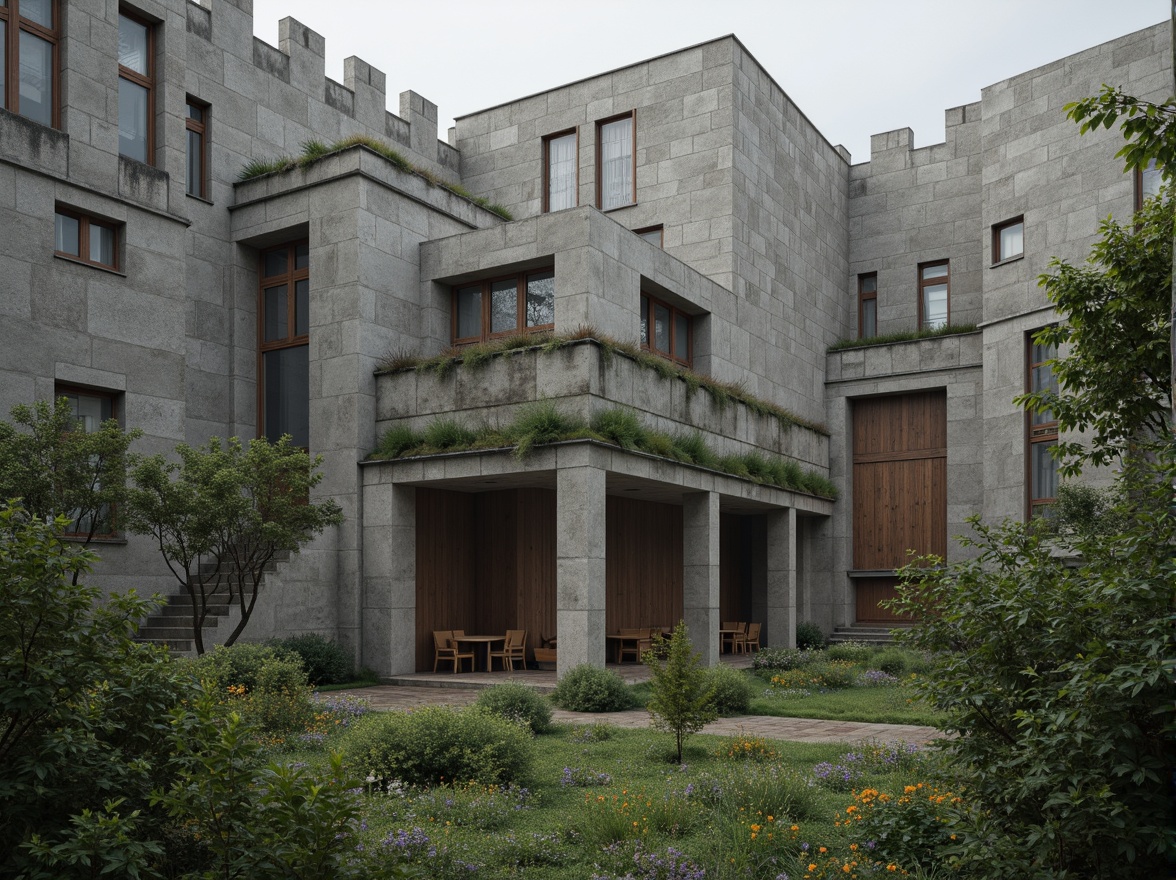 Prompt: Rugged brutalist church, raw concrete walls, angular lines, fortress-like structure, natural stone fa\u00e7ade, overgrown vegetation, wildflowers, moss-covered roofs, weathered wooden doors, stained glass windows, dramatic lighting, high ceilings, minimalist interior, sacred atmosphere, serene ambiance, misty morning, soft diffused light, 1/1 composition, symmetrical framing, realistic textures, ambient occlusion.