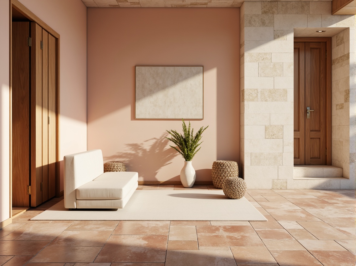 Prompt: Soft peach tones, creamy whites, warm beige accents, rich walnut wood, subtle gold metallic hints, delicate linen textures, natural stone walls, earthy terracotta floors, gentle morning light, soft focus, shallow depth of field, 2/3 composition, serene atmosphere, realistic materials, ambient occlusion.