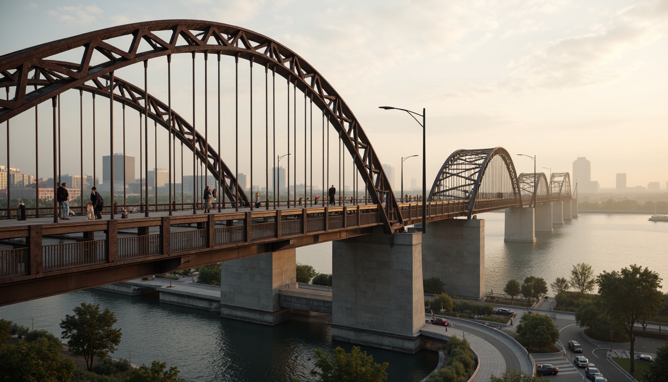 Prompt: Rustic vehicular bridge, steel arches, suspension cables, concrete piers, asphalt roadways, metallic railings, urban cityscape, misty morning fog, soft warm lighting, shallow depth of field, 1/1 composition, realistic textures, ambient occlusion, structural beams, load-bearing columns, reinforced concrete foundations, drainage systems, waterproof coatings, anti-corrosion treatments, safety barriers, pedestrian walkways, scenic overlooks.