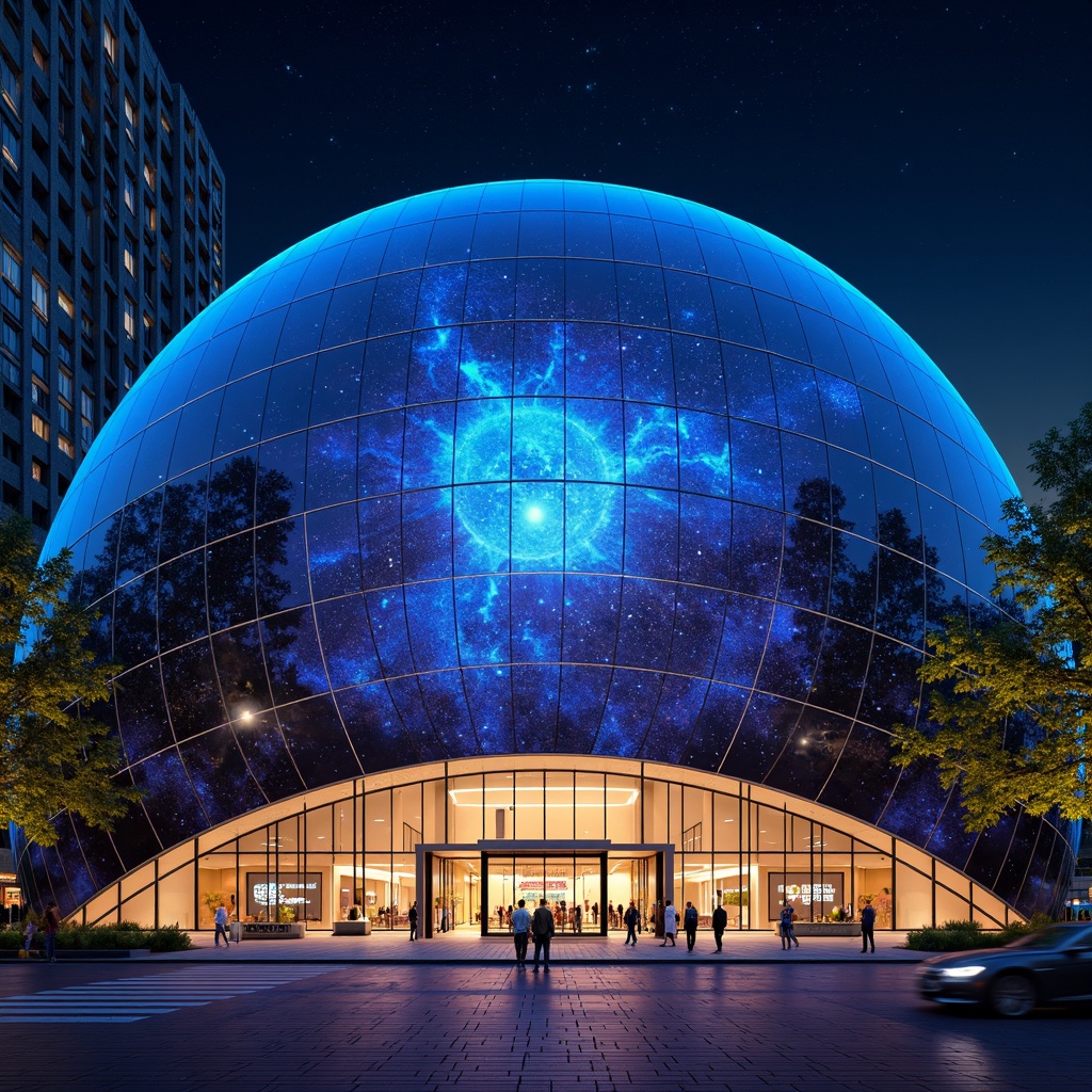 Prompt: Glowing planetarium dome, futuristic facade design, sleek metallic surfaces, neon-lit celestial patterns, starry night sky, modernist architecture, curved lines, geometric shapes, minimalist aesthetic, LED light installations, ambient lighting effects, shallow depth of field, 1/1 composition, panoramic view, realistic textures, ambient occlusion, urban cityscape, bustling streets, vibrant nightlife, cosmopolitan atmosphere.