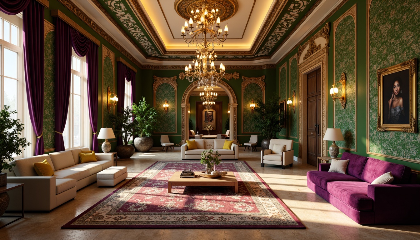 Prompt: Luxurious apartment interior, Byzantine-inspired architecture, rich jewel tones, emerald green walls, golden accents, ornate patterns, intricate mosaics, warm beige marble floors, lavish velvet fabrics, regal purple hues, soft cream ceilings, dramatic chandeliers, opulent furnishings, grandiose archways, mystical ambiance, warm golden lighting, shallow depth of field, 1/1 composition, realistic textures, ambient occlusion.