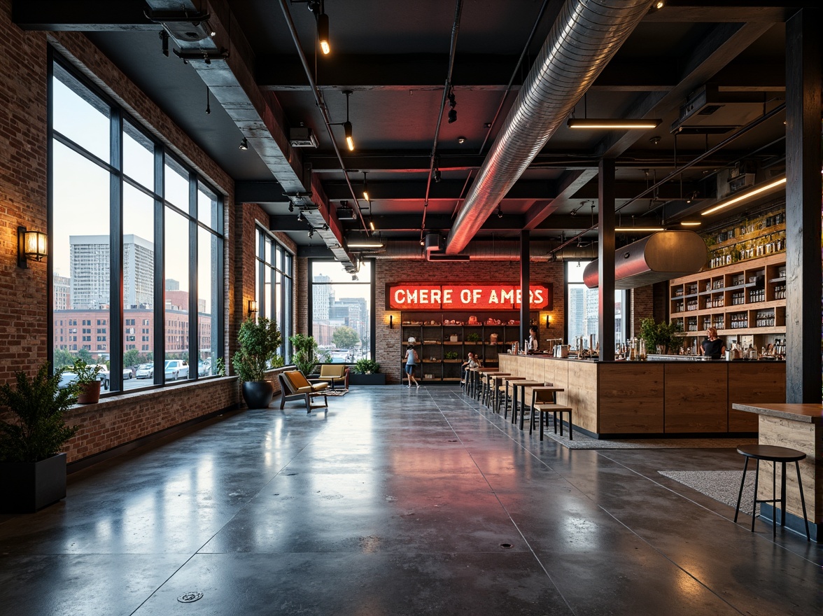 Prompt: Industrial chic fitness club, exposed ductwork, polished concrete floors, metallic accents, neon signage, urban cityscape, bustling streets, morning sunlight, softbox lighting, shallow depth of field, 1/2 composition, realistic textures, ambient occlusion, reclaimed wood walls, steel beams, industrial-style windows, black metal frames, modern minimalist design, vibrant color scheme, motivational quotes, fitness equipment silhouettes.