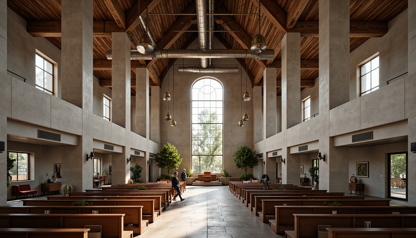 Prompt: Rustic church interior, brutalist architecture, raw concrete walls, exposed ductwork, industrial-style lighting, minimalist decor, functional spaces, communal seating areas, wooden pews, stone flooring, stained glass windows, natural light pouring in, dramatic ceiling heights, open floor plans, modern amenities, sleek metal accents, geometric patterns, earthy color palette, warm atmospheric lighting, shallow depth of field, 1/1 composition, realistic textures, ambient occlusion.