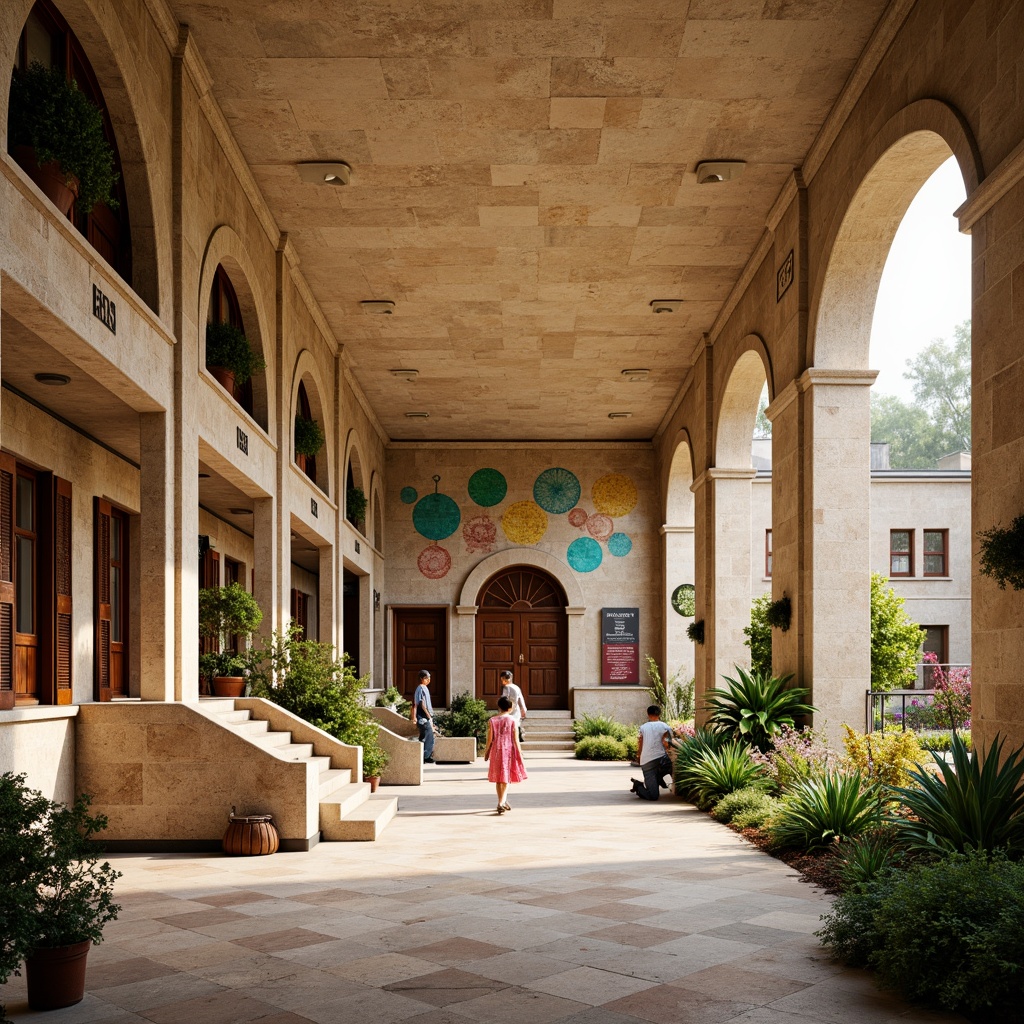 Prompt: Rustic elementary school building, Romanesque arches, warm beige stone walls, ornate carvings, grand entrance, heavy wooden doors, vibrant greenery, blooming flowers, playful playground equipment, colorful murals, educational signage, natural stone walkways, curved staircases, high ceilings, large windows, soft warm lighting, shallow depth of field, 3/4 composition, panoramic view, realistic textures, ambient occlusion.