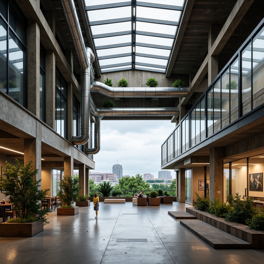 Prompt: Industrial factory setting, minimalist aesthetic, exposed ductwork, polished concrete floors, reclaimed wood accents, eco-friendly materials, recycled metal beams, energy-efficient lighting, large skylights, natural ventilation systems, green roofs, living walls, urban landscape views, cloudy day, soft diffused lighting, shallow depth of field, 1/1 composition, realistic textures, ambient occlusion.