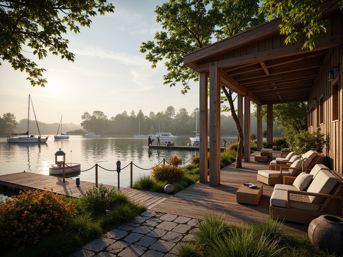 Prompt: Serene waterfront, rustic wooden dock, lush greenery, vibrant flowers, tranquil lake views, sailboats, kayaks, paddleboards, nautical ropes, weathered wood accents, natural stone pathways, lantern-style lighting, warm sunset glow, shallow depth of field, 3/4 composition, panoramic view, realistic textures, ambient occlusion, cozy outdoor seating areas, woven wicker furniture, plush cushions, soft warm lighting, misty morning atmosphere.