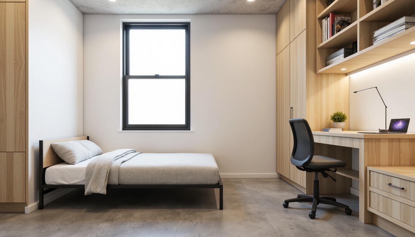 Prompt: Simple dorm room, minimal decor, monochromatic color scheme, sleek metal frame bed, compact desk, ergonomic chair, built-in shelving, soft warm lighting, natural wood accents, plain white walls, polished concrete floor, modern minimalist furniture, clutter-free space, functional layout, cozy reading nook, comfortable bedding, subtle textures, shallow depth of field, 1/1 composition, realistic rendering.