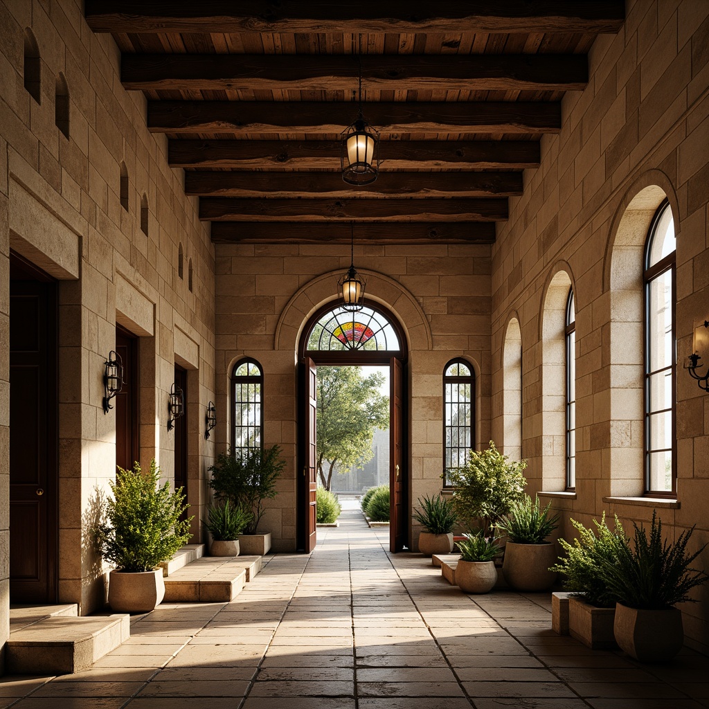 Prompt: Rustic stone walls, arched windows, ornate carvings, grand entrance halls, high ceilings, wooden beams, vintage lanterns, stained glass details, earthy color palette, natural light pouring in, warm afternoon ambiance, shallow depth of field, 1/1 composition, symmetrical framing, realistic textures, ambient occlusion.