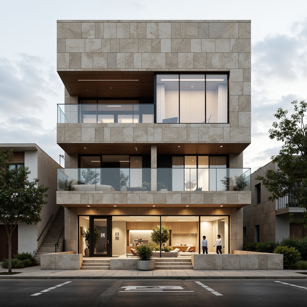 Prompt: Lavacrete building facade, rough stone texture, earthy tone, natural material, modern architecture, sleek lines, minimalist design, urban cityscape, cloudy sky, soft diffused lighting, shallow depth of field, 1/1 composition, realistic rendering, ambient occlusion.