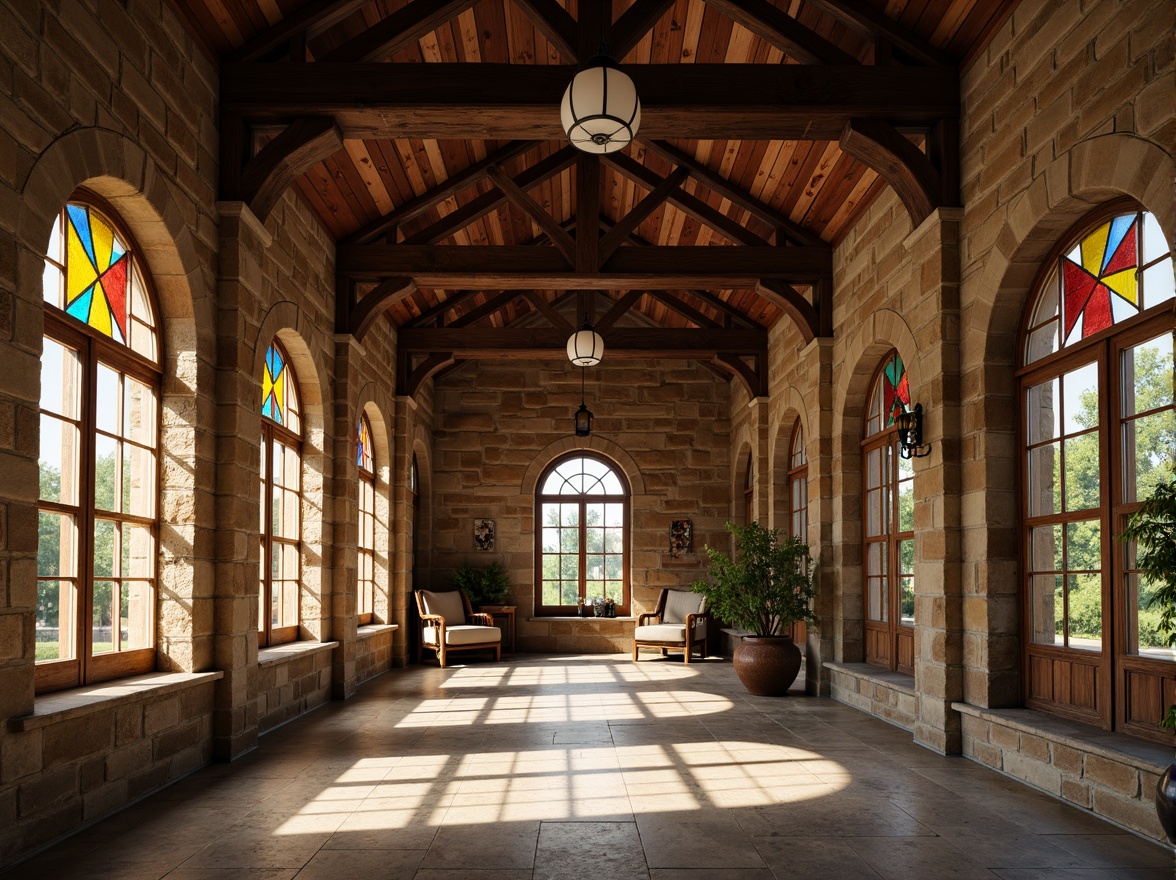 Prompt: Rustic stone walls, arched windows, ornate carvings, grand entrance halls, high ceilings, wooden beams, vintage lanterns, stained glass details, earthy color palette, natural light pouring in, warm afternoon ambiance, shallow depth of field, 1/1 composition, symmetrical framing, realistic textures, ambient occlusion.