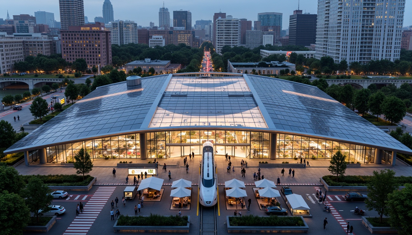 Prompt: Futuristic transportation hub, dynamic LED lighting, sleek metallic fa\u00e7ade, curved glass surfaces, angular lines, modern architecture, bustling cityscape, urban landscape, busy streets, pedestrian walkways, cyclist lanes, electric vehicle charging stations, solar panels, green roofs, eco-friendly materials, innovative ventilation systems, shaded outdoor spaces, misting systems, vibrant colorful accents, intricate geometric patterns, 3/4 composition, panoramic view, realistic textures, ambient occlusion.