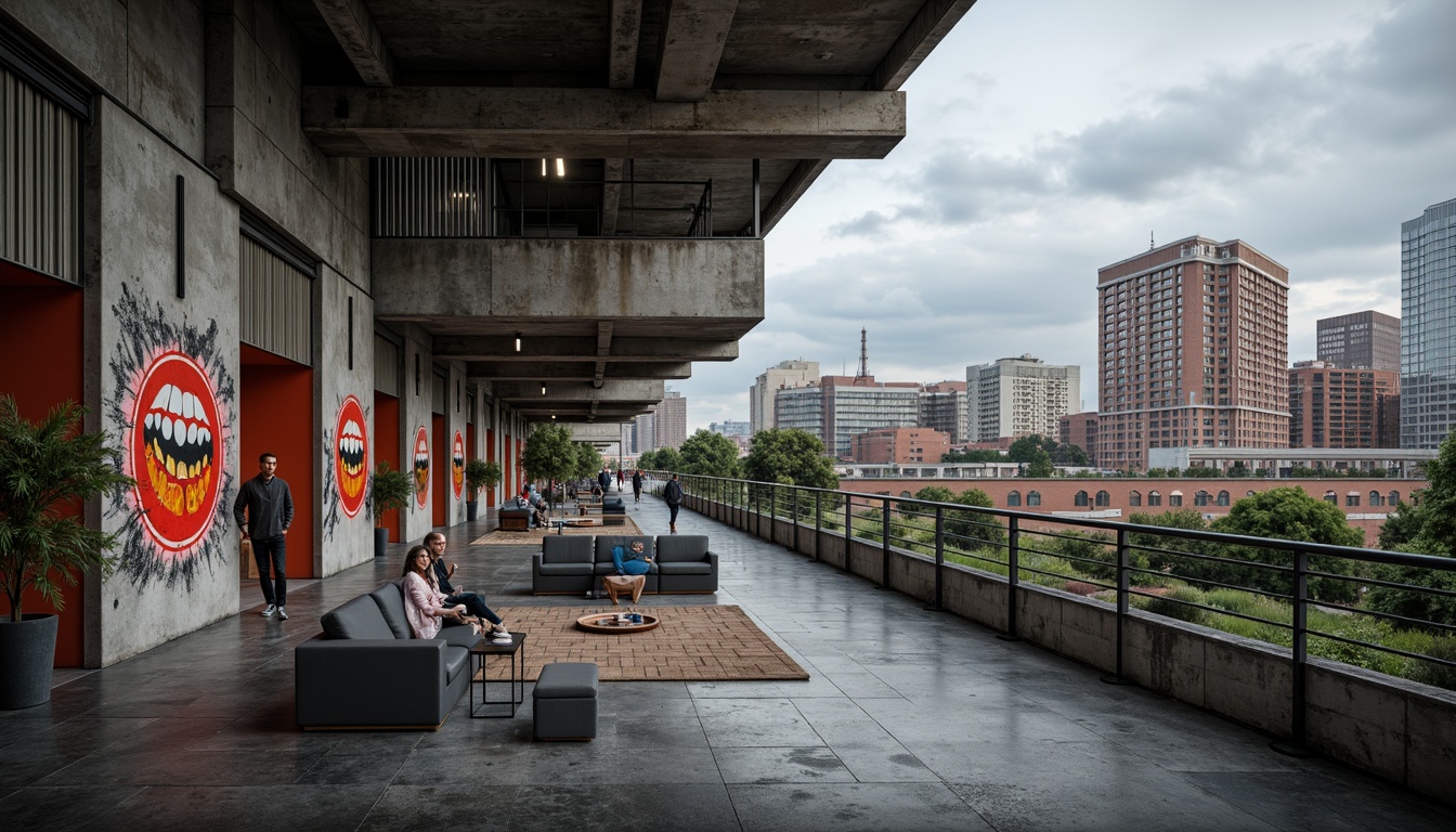 Prompt: Industrial urban landscape, brutalist architecture, exposed concrete walls, steel beams, minimalist decor, monochromatic color scheme, bold accent colors, vibrant street art, graffiti murals, urban textures, distressed finishes, reclaimed wood accents, industrial lighting fixtures, metal railings, cityscape views, cloudy skies, dramatic shadows, high contrast ratio, 1/2 composition, cinematic mood, gritty realism.