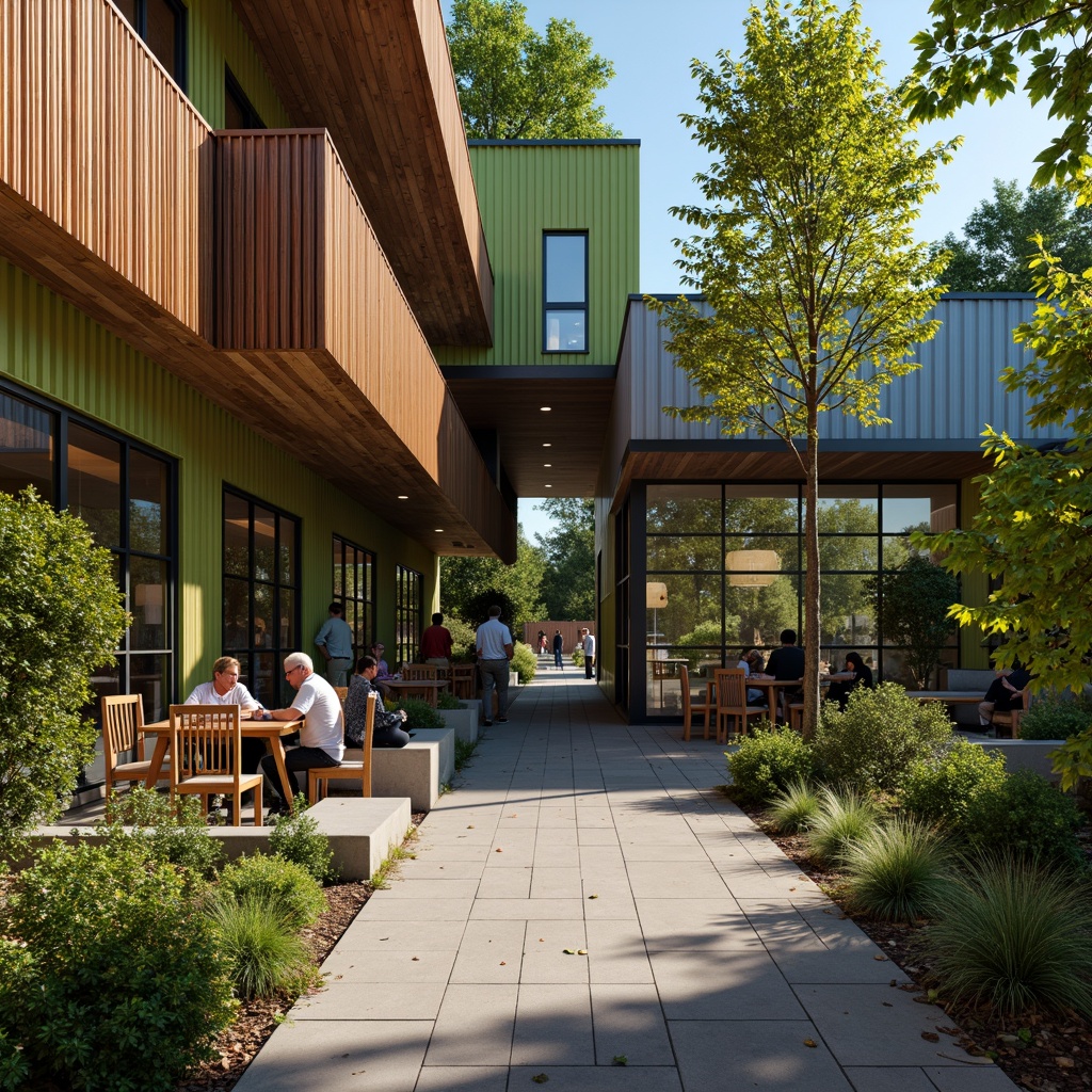 Prompt: Cozy coffee shop, warm wooden facade, large glass windows, rustic metal doors, vibrant green walls, modern minimalist design, social housing complex, community gathering space, outdoor seating area, lush greenery, natural stone pathways, warm lighting, shallow depth of field, 3/4 composition, realistic textures, ambient occlusion.