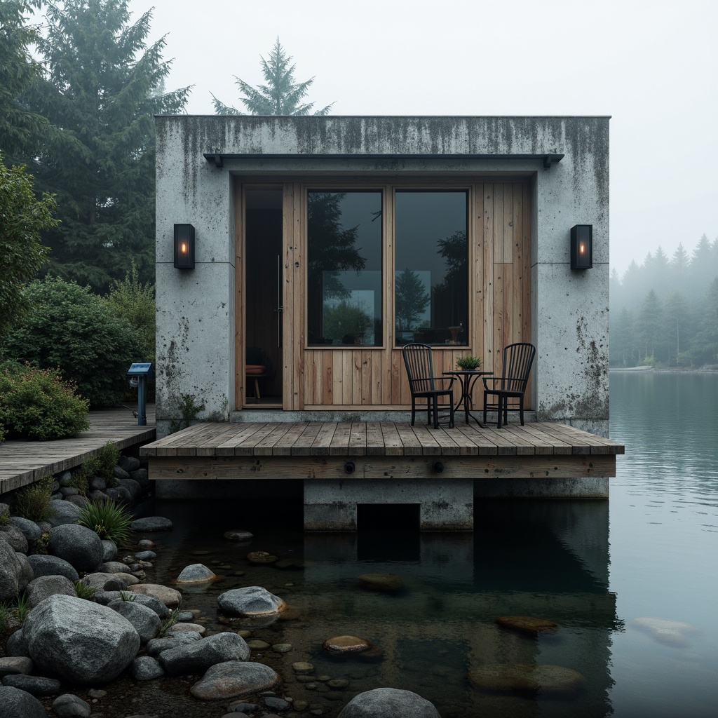 Prompt: Rugged boathouse, brutalist facade, raw concrete walls, weathered wooden accents, industrial metal frames, oversized windows, minimalist decor, nautical ropes, distressed wood textures, rusty metal details, dramatic shadows, low-key lighting, cinematic composition, atmospheric mist, mysterious lake surroundings, dense forest backdrop, overcast sky, subtle color palette, rough-hewn stone foundations.