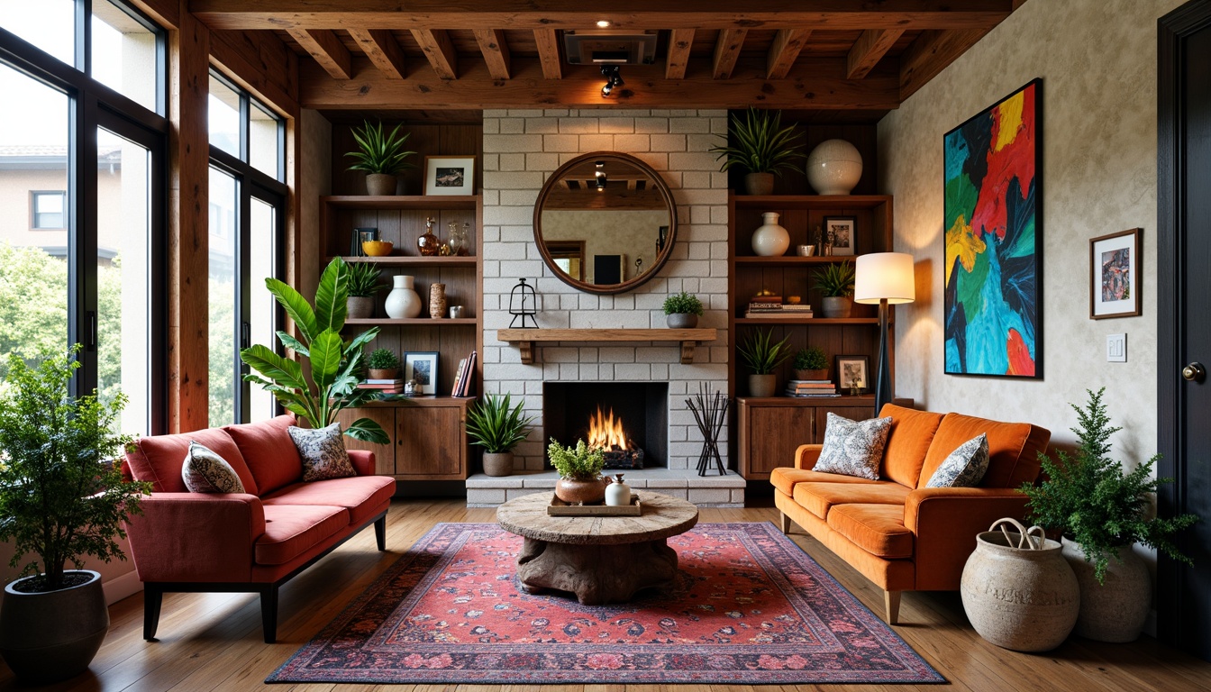 Prompt: Vibrant eclectic homes, mixed material palette, reclaimed wood accents, industrial metal frames, colorful ceramic tiles, natural stone walls, plush velvet upholstery, distressed leather furniture, ornate antique fixtures, bold patterned rugs, eclectic artwork, abstract sculptures, lush greenery, warm ambient lighting, shallow depth of field, 1/1 composition, realistic textures, ambient occlusion.