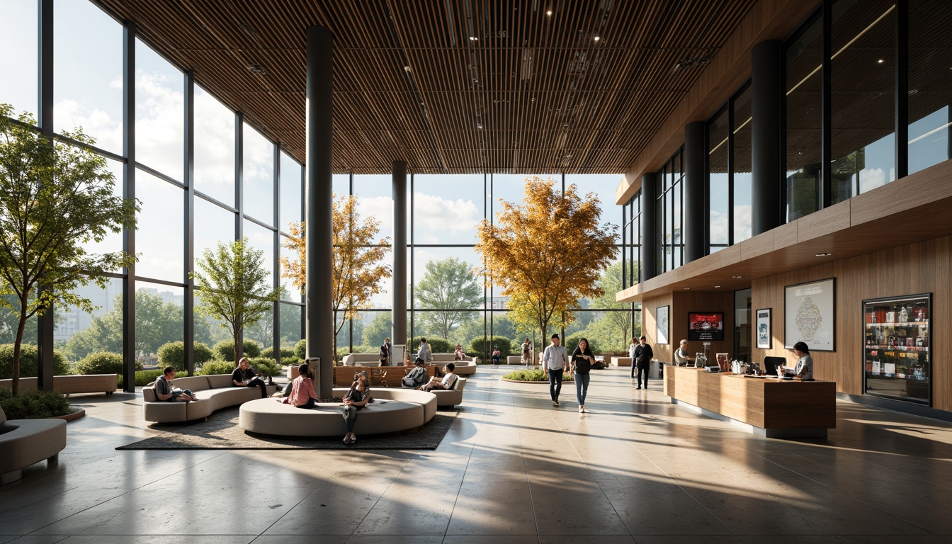 Prompt: Modern visitor center interior, sleek glass walls, polished concrete floors, minimalist decor, interactive exhibits, digital displays, comfortable seating areas, natural wood accents, abundant greenery, floor-to-ceiling windows, panoramic views, soft warm lighting, shallow depth of field, 3/4 composition, realistic textures, ambient occlusion, futuristic architecture design, innovative materials, sustainable energy solutions, eco-friendly furniture, vibrant colorful textiles, intricate geometric motifs.